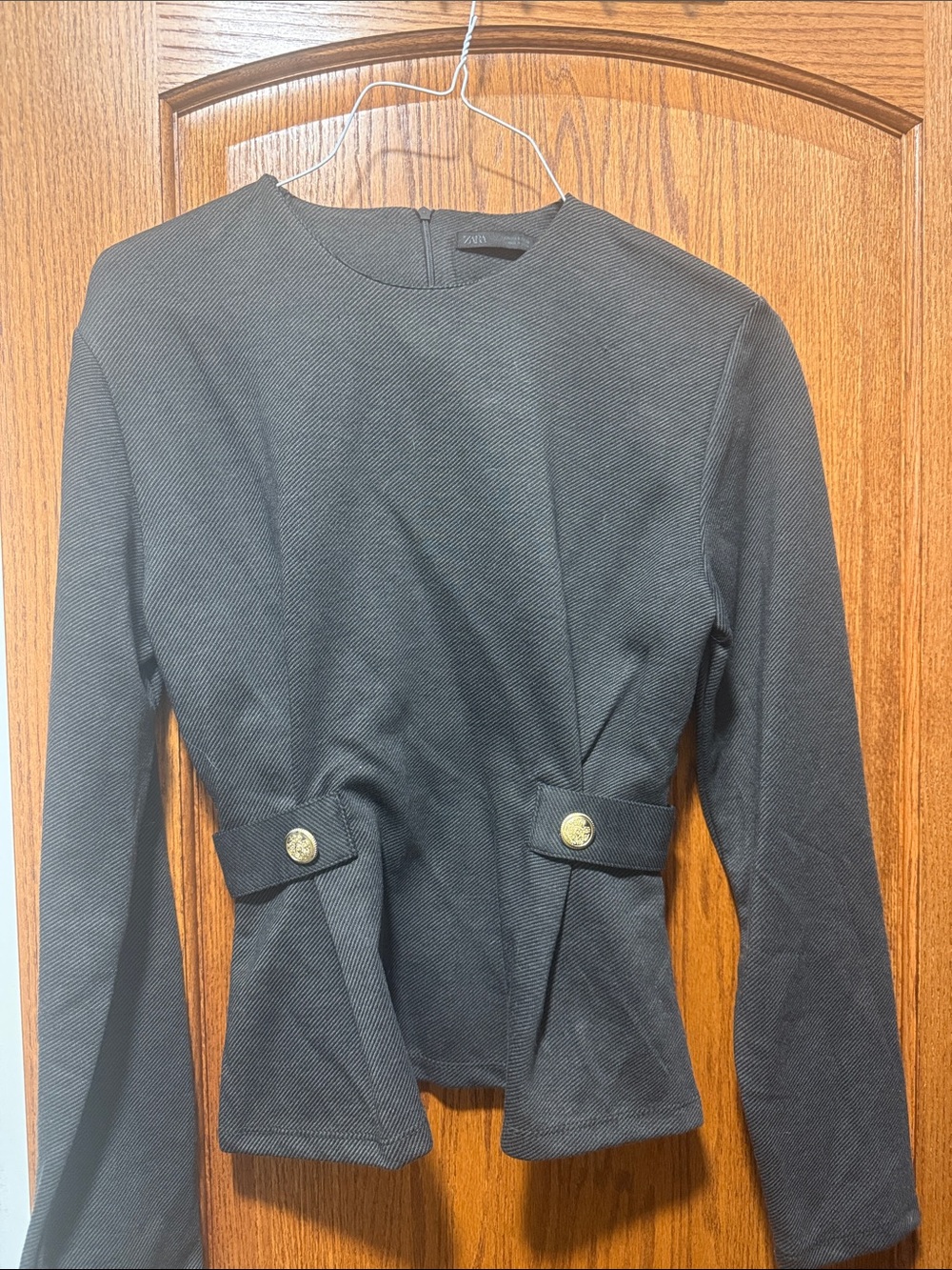 Zara Black Textured Peplum Long Sleeve Top with Gold Buttons